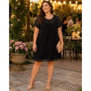 AUW Womens XL Black Lace Overlay Shift Dress Short Sleeve Keyhole Back